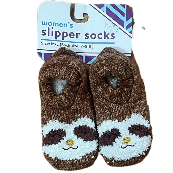 Sherpa Lined Sloth Slippers Socks Brown Size Medium - Picture 1 of 5